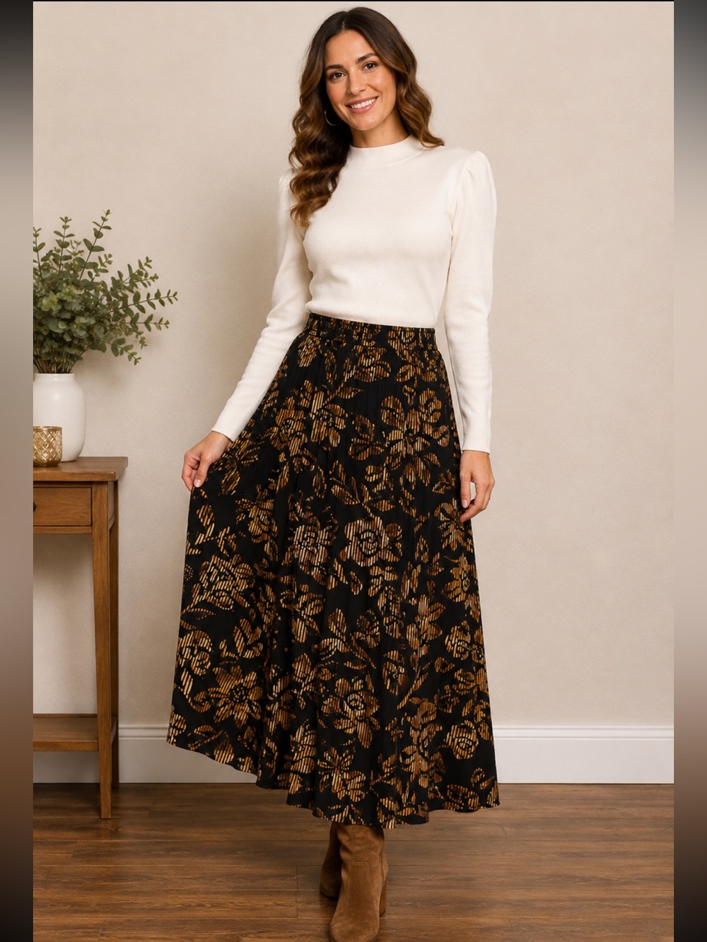 Vintage Kasper & Company Black & Gold Floral Rayon Midi Skirt